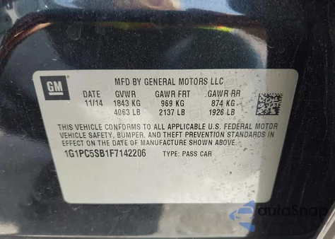 2015 Chevrolet Cruze 1Lt Auto z USA, uszkodzony, nr VIN 1G1PC5SB1F7142206